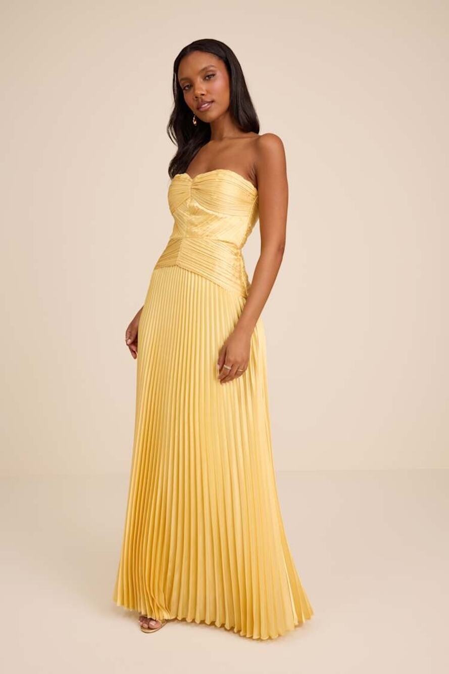 NWT Lulus Elkay Yellow Pleated Satin Strapless Drop Waist Maxi Dress Large